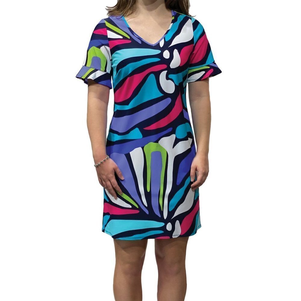 NWT Jude Connally Nina Dress V neck Short Sleeve Oh Abstract Bold Colors Size XS